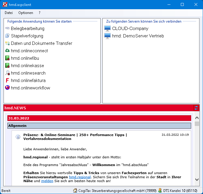 Rechnungswesen f�r Steuerberater - Mandantenl�sungen - Rechnungswesen - hmd.aspclient  -  Programmauswahl