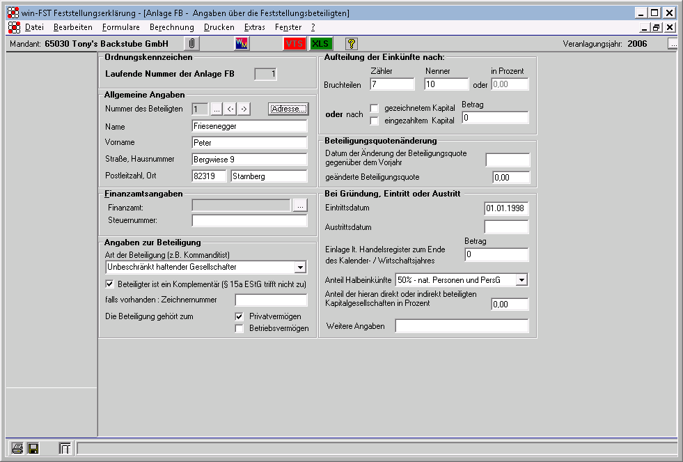 Rechnungswesen f�r Steuerberater - Steuern - Festellungserkl�rung - Anlage FB