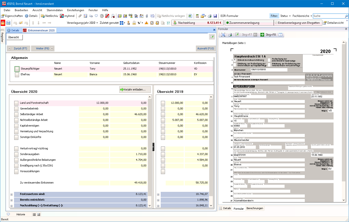 Steuern f�r Steuerberater - Steuern - Einkommensteuer - Eingabedialog - Vorjahresvergleich