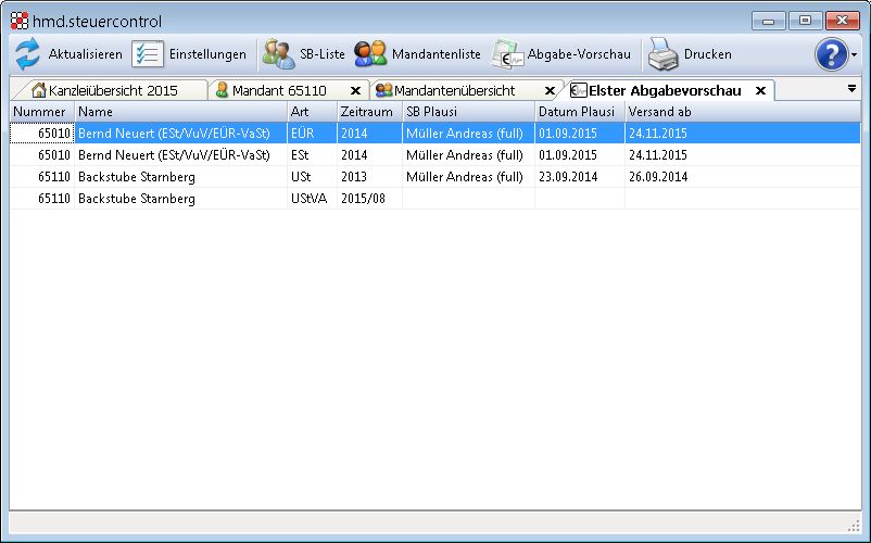 Kanzleiorganisation f�r Steuerberater - Steuern - Auftr�ge - Qualit�tskontrolle - Steuercontrol - Abgaben - Elster Abgabevorschau