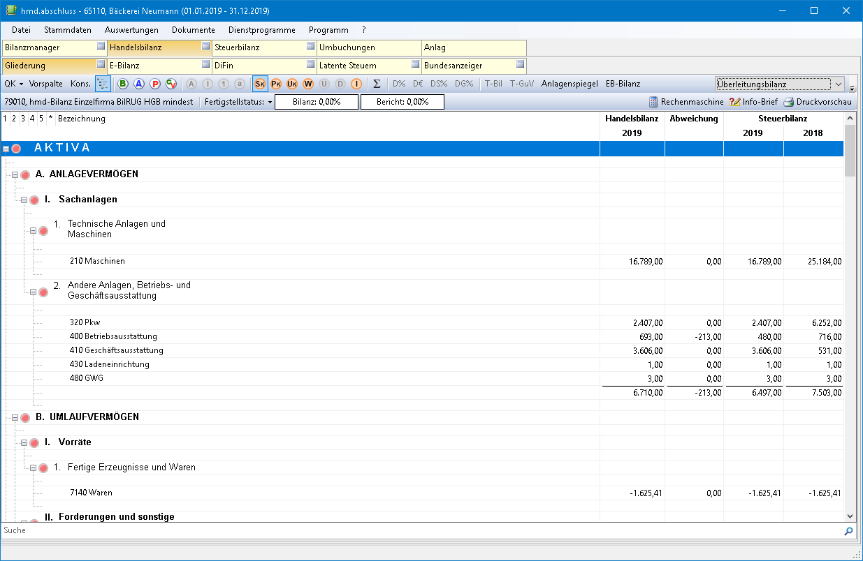 Rechnungswesen f�r Steuerberater - Rechnungswesen - Jahresabschluss - Bilanz am Bildschirm - �berleitungsbilanz