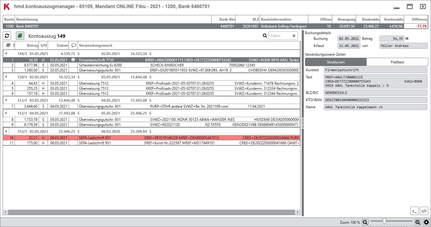 Rechnungswesen f�r Steuerberater - Finanzbuchhaltung - Kontoauszugsmanager - Kontoausz�ge - Details