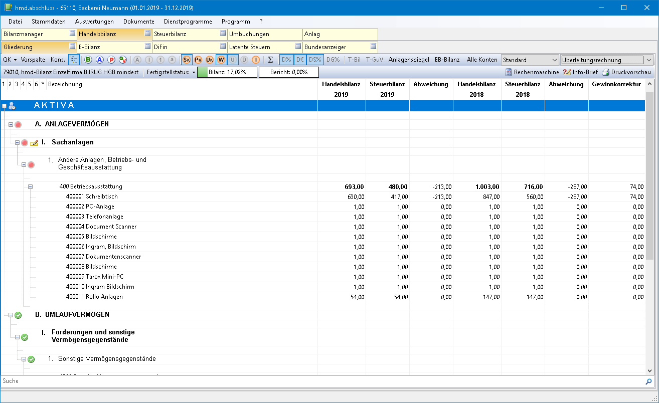 Rechnungswesen f�r Steuerberater - Rechnungswesen - Jahresabschluss - �berleitungsrechnung - Bilanzanzeige