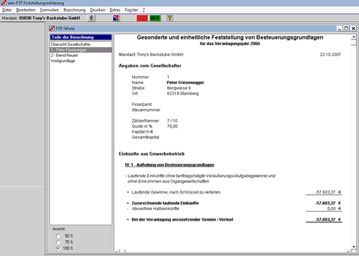 Rechnungswesen f�r Steuerberater - Steuern - Festellungserkl�rung - Detailberechnungen