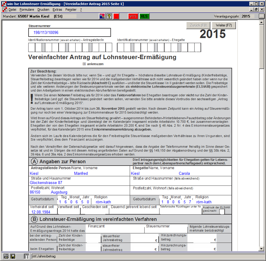 Steuern f�r Steuerberater - Steuern - Lohnsteuererm��igungsantrag - Eingabedialog