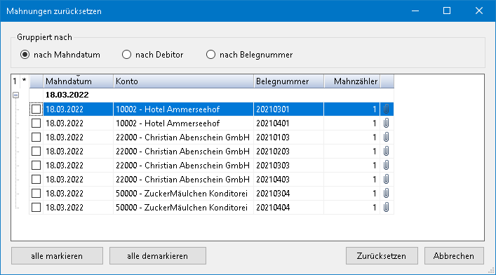 Rechnungswesen f�r Steuerberater - Finanzbuchhaltung - Mahnwesen - Mahnlauf - Zur�cksetzen