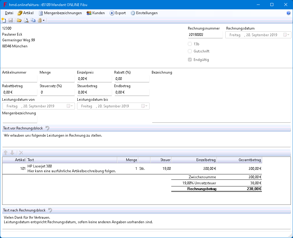 Rechnungswesen f�r Steuerberater - Mandantenl�sungen - Rechnungswesen - hmd.aspclient  -  Online - Fakturierung