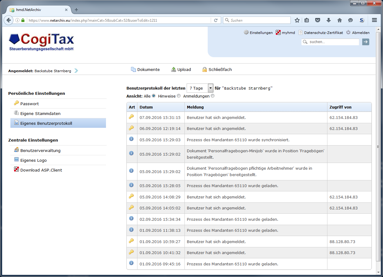 Cloudlösungen für Steuerberater - Mandantenlösungen - Rechnungswesen - Netarchiv - Benutzerprotokoll